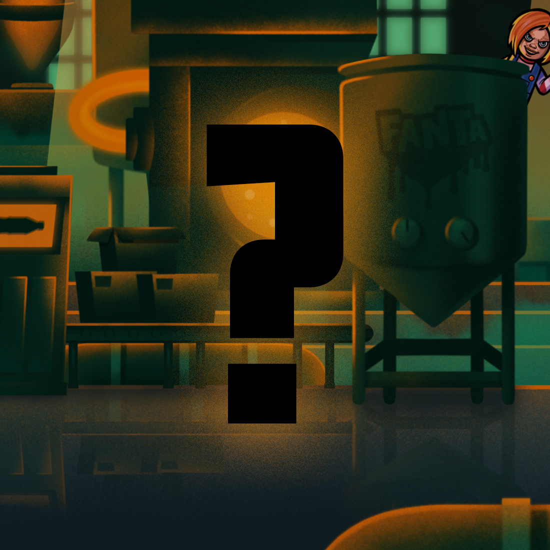 Question mark with the haunted Fanta factory in background