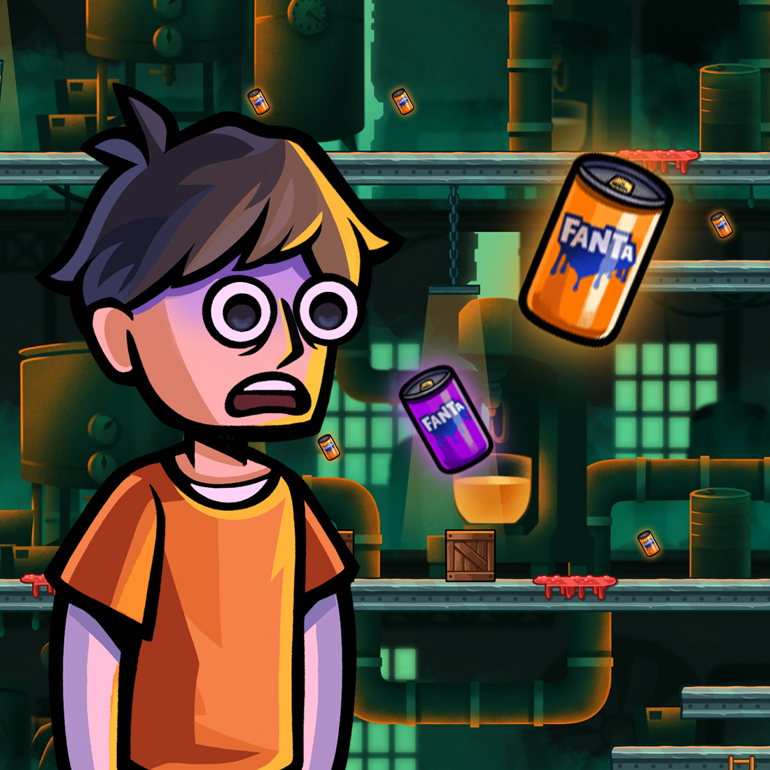 Cartoon boy in the haunted Fanta factory