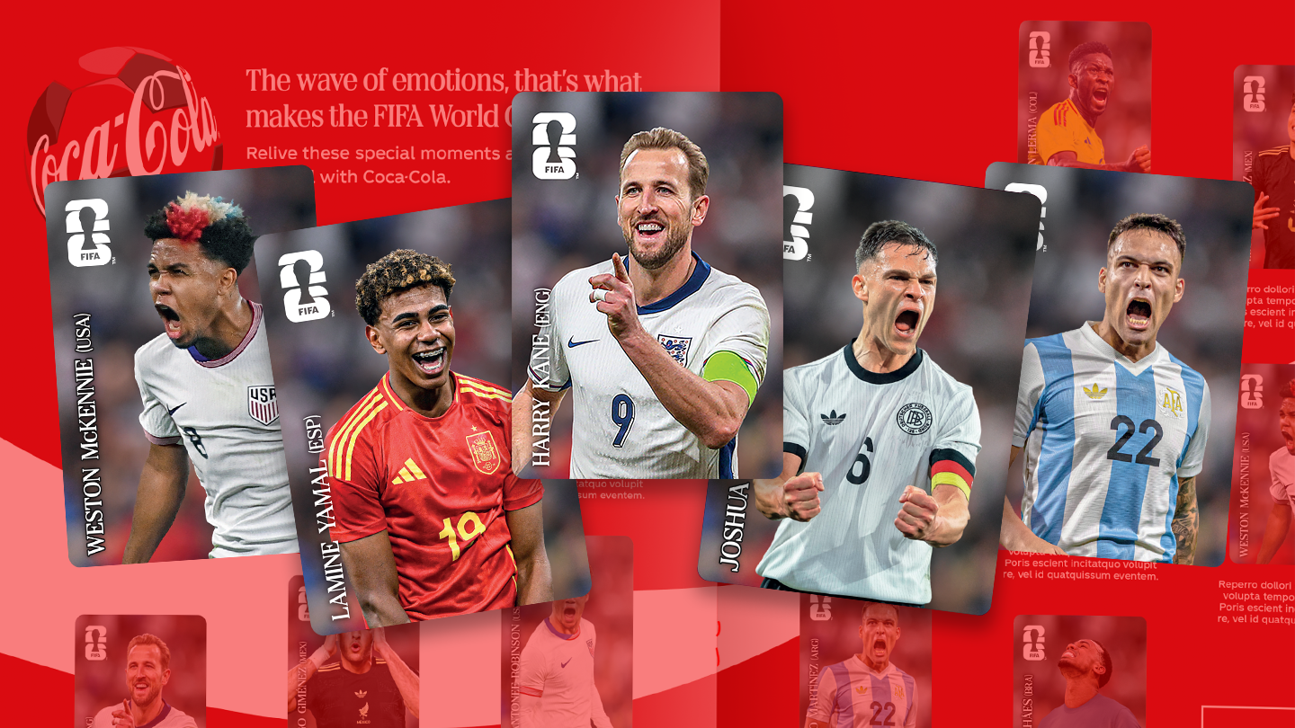 Panini FIFA World Cup 2026 player stickers featuring international soccer stars arranged on a red Coca-Cola–branded background.