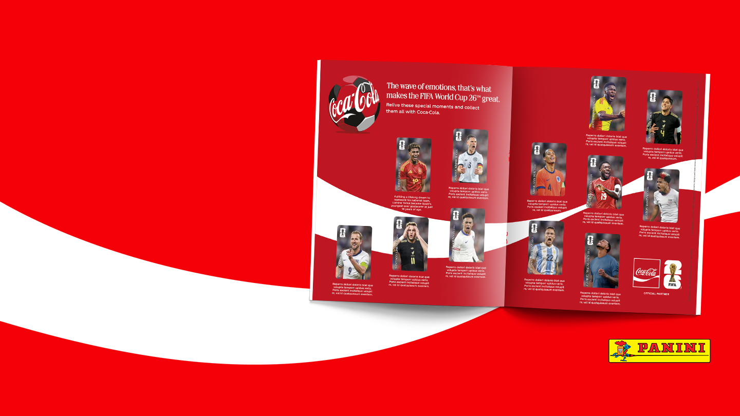 Open Panini–Coca-Cola FIFA World Cup sticker album displaying multiple player stickers on red Coca-Cola–branded pages.