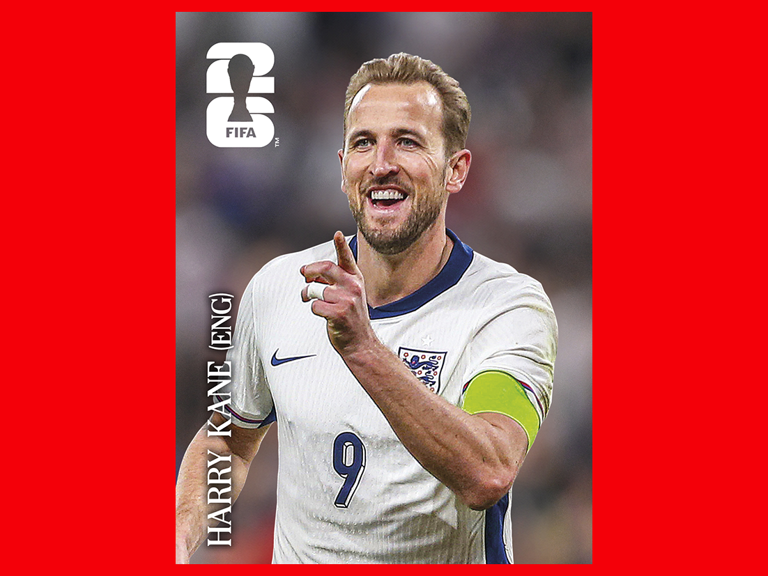 FIFA World Cup 2026 Panini sticker of a England national team player in a red jersey, smiling.