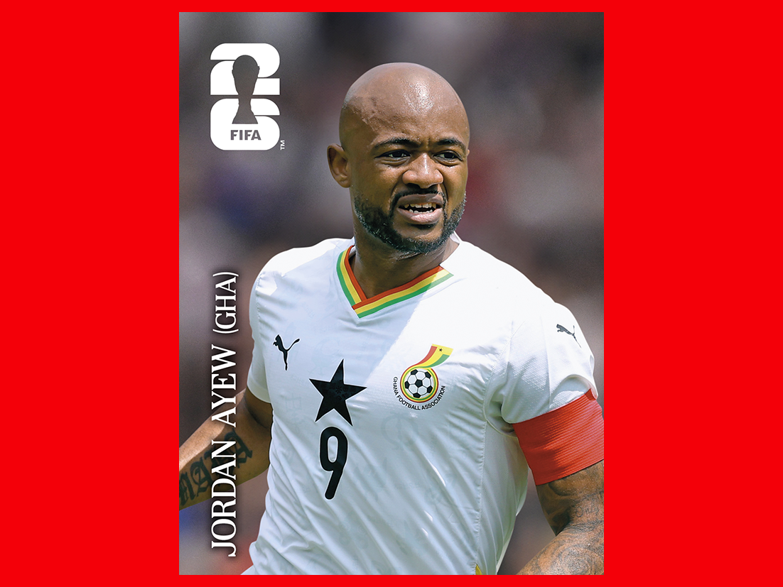 FIFA World Cup 2026 Panini sticker of a Ghana national team player in a red jersey, celebrating.