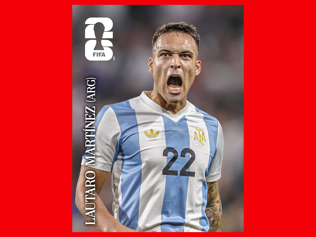 FIFA World Cup 2026 Panini sticker of a Argentina national team player in a red jersey, celebrating.