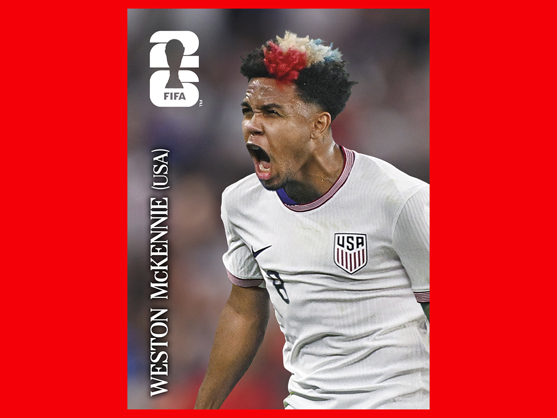 FIFA World Cup 2026 Panini sticker of a USA national team player in a red jersey, shouting.