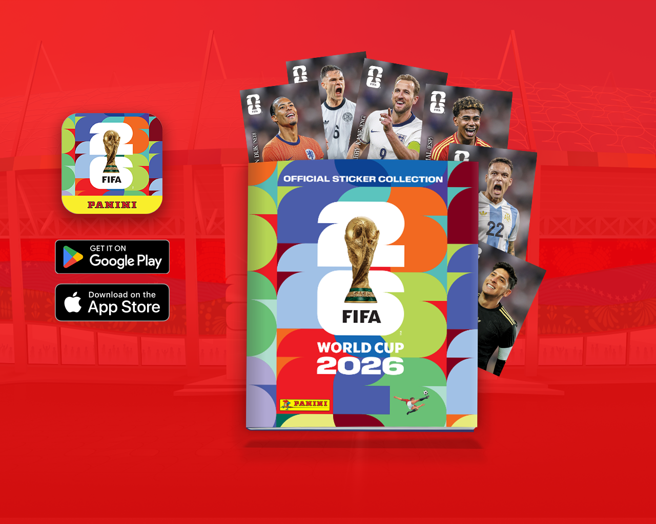 Panini FIFA World Cup 2026 official sticker collection album cover with player stickers, shown on a red background alongside app download icons.