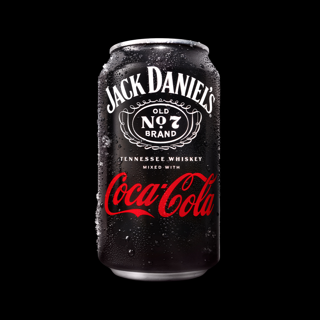 Kanaçe Jack Daniel’s dhe Coca-Cola me dizajn të zi, tekst të bardhë dhe logon e kuqe Coca-Cola.