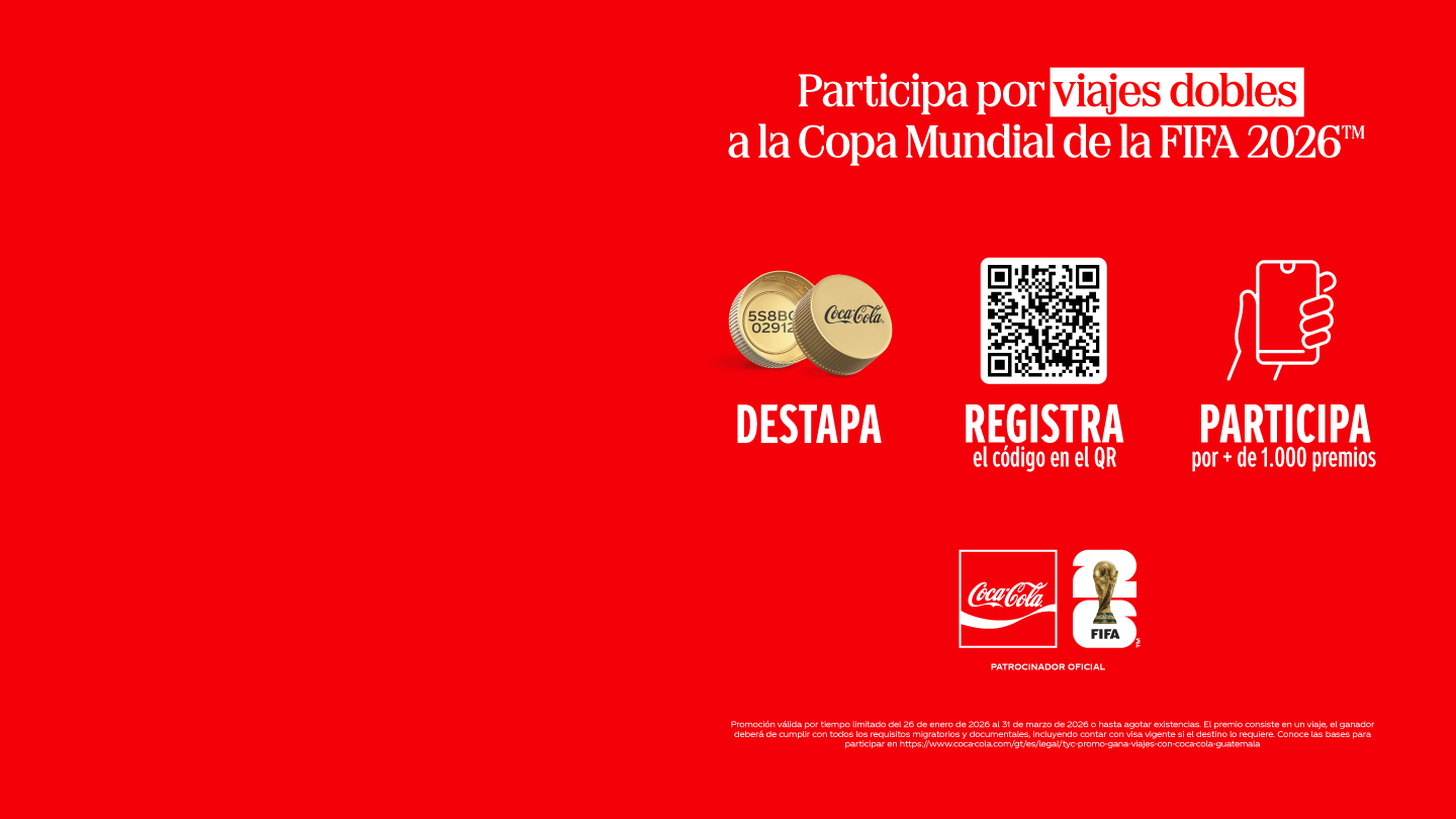 Un anuncio de Coca-Cola sobre un fondo rojo intenso, promocionando la oportunidad de ganar viajes dobles a la Copa Mundial de la FIFA 26™. La imagen ilustra tres pasos clave con iconos e incluye los logos de Coca-Cola y FIFA 26™ más texto informativo.