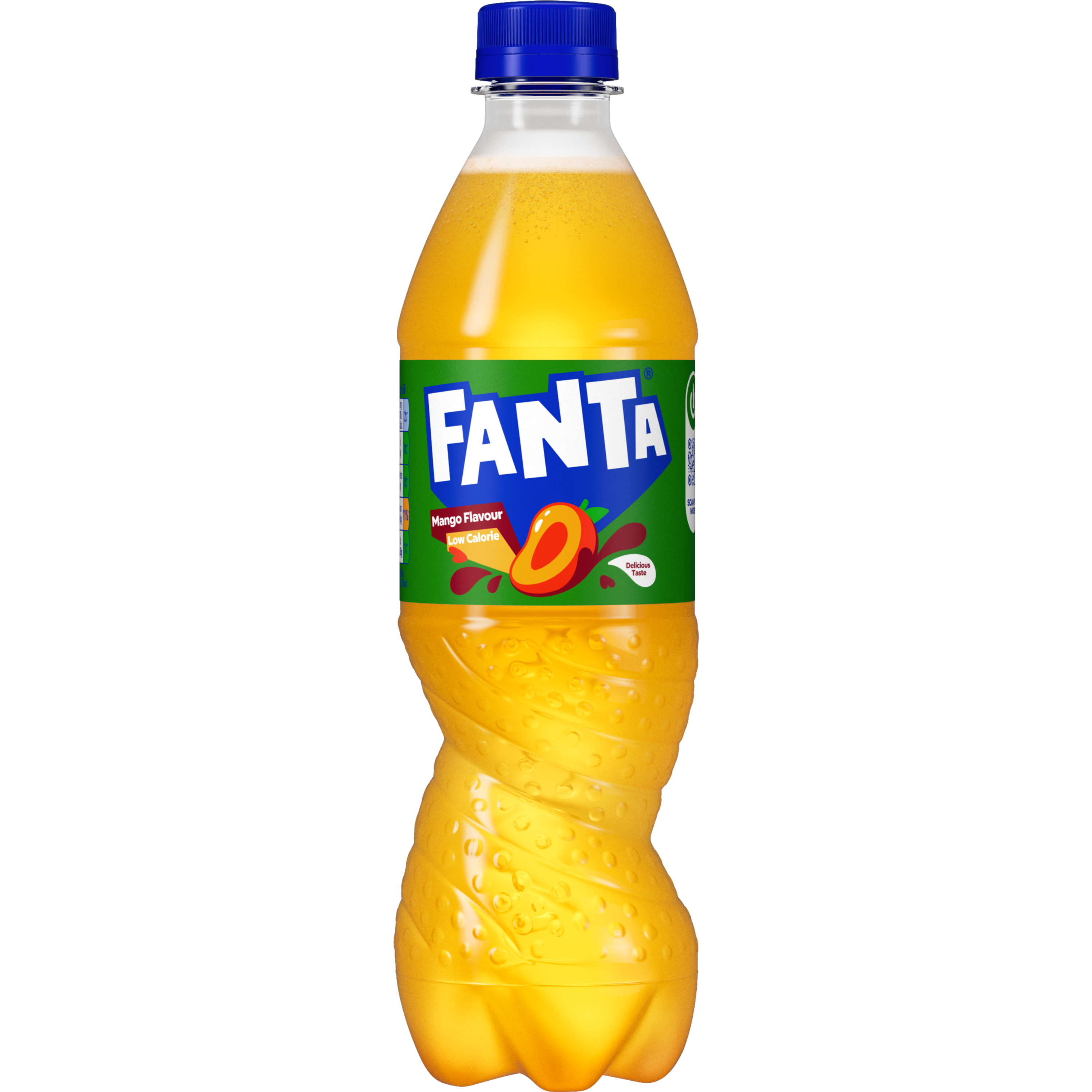 Fanta Mango bottle on white background