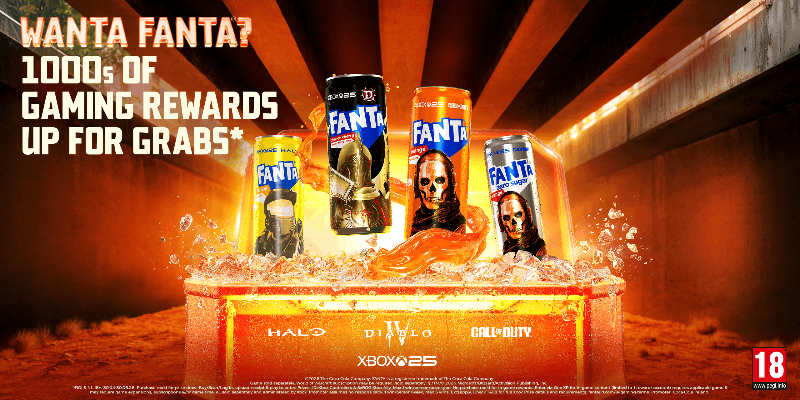 Cans of fanta with Xbox characters sitting in glowing Fanta rewards chest