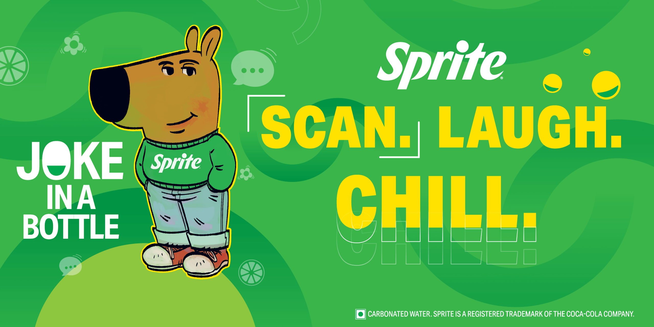 Young man thirstily drinking Sprite on a busy bus with the words: BHARI BUS MEIN. GARAM HO GAYA DIMAG. THAND RAKH. 