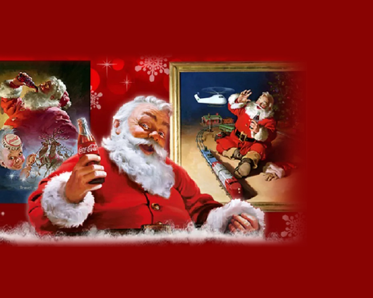 コカ・コーラの自身のポスターの前でボトルを持つサンタクロース