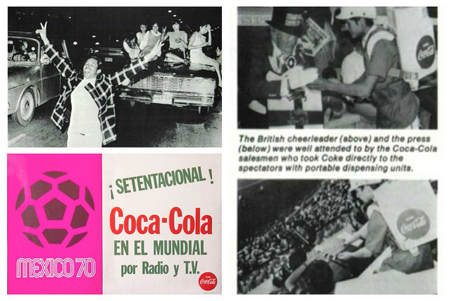 1970년 멕시코 월드컵 당시 신문 기사. 거리에서 응원하는 팬들의 모습과 코카-콜라를 나눠주는 모습.