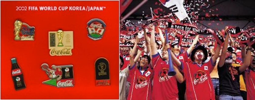 2002 월드컵 당시 코카-콜라 기념품과 코카-콜라 777 응원단의 경기 응원 모습.