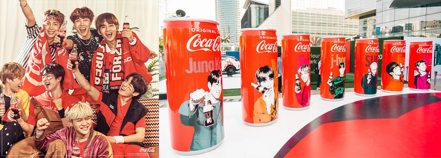 2018년 러시아 월드컵 캠페인 모델로 함께한 코카‑콜라 방탄소년단 캠페인 이미지와, 도심 공간에 전시된 초대형 코카‑콜라 방탄소년단 패키지 설치물 전경