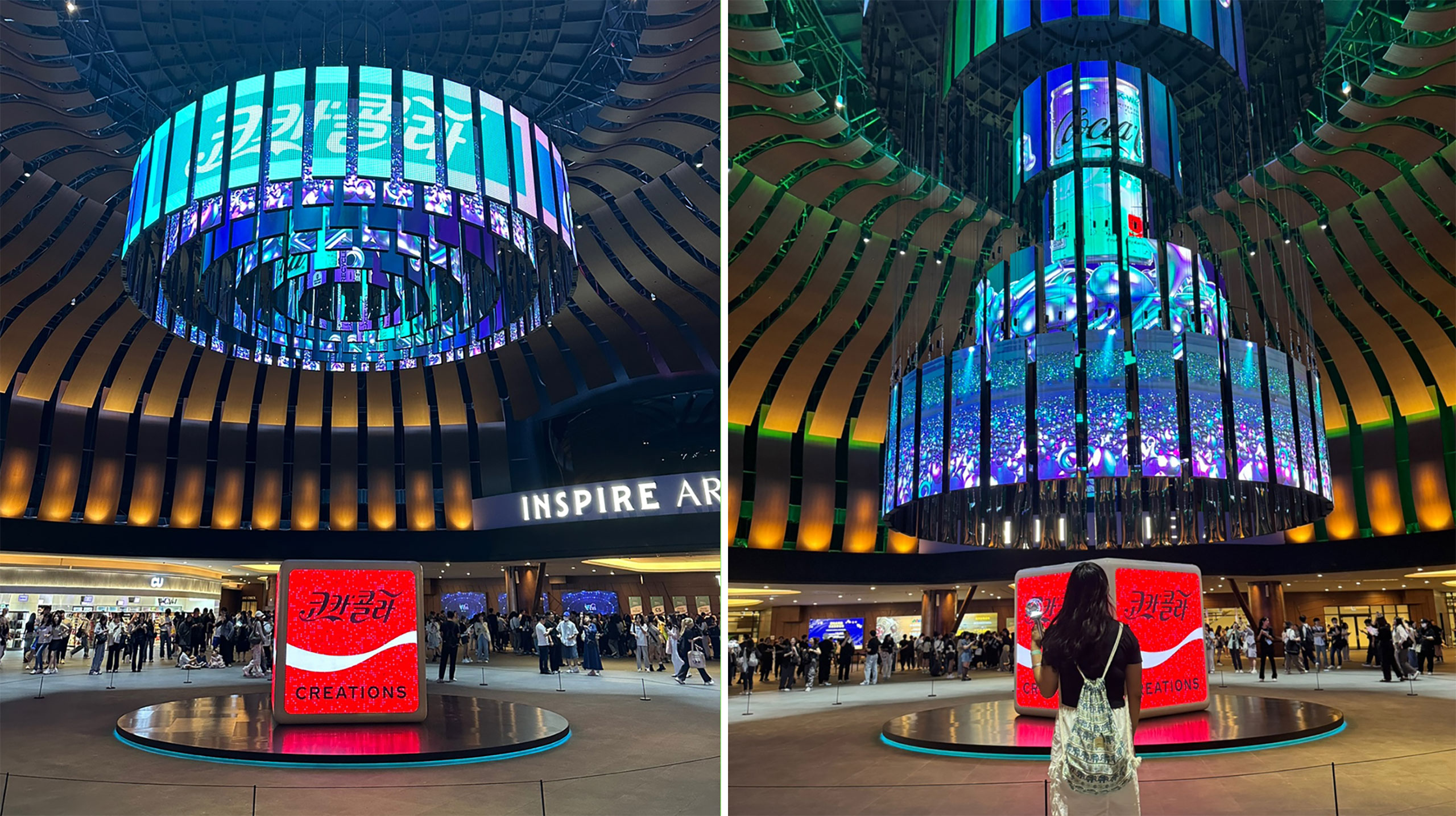 좌측에는 미디어 샹들리에가 한 단으로 되어 있는 모습이 있고 우측에는 다섯 단으로 분리되어 코카-콜라 제로 한류(K-Wave) 패키지의 모습 뒤로 응원봉을 들고 인증샷을 찍는 에디터의 모습이 위치해 있다