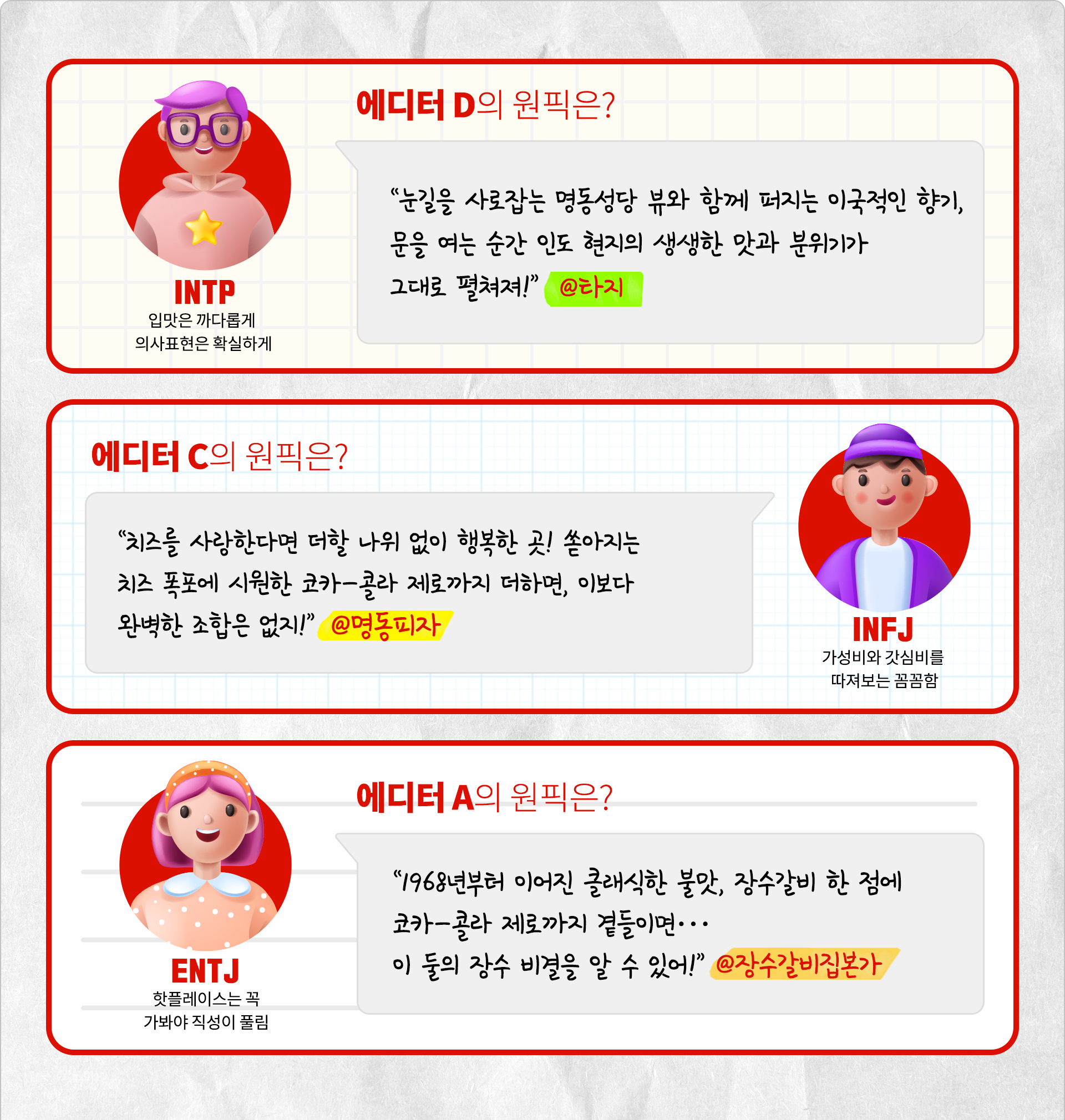 입맛은 까다롭게 의사표현은 확실하게 INTP 에디터 D의 원픽은? 눈길을 사로잡는 명동성당 뷰와 함께 퍼지는 이국적인 향기, 문을 여는 순간 인도 현지의 생생한 맛과 분위기가 그대로 펼쳐져! @타지. 가성비와 갓심비를 따져보는 꼼꼼함 INFJ 에디터 C의 원픽은? 치즈를 사랑한다면 더할 나위 없이 행복한 곳! 쏟아지는 치즈 폭포에 시원한 코카-콜라 제로까지 더하면, 이보다 완벽한 조합은 없지! @명동피자. 핫플레이스는 꼭 가봐야 직성이 풀림 ENTJ 에디터 A의 원픽은? 1968년부터 이어진 클래식한 불맛, 장수갈비 한 점에 코카-콜라 제로까지 곁들이면... 이 둘의 장수 비결을 알 수 있어! @장수갈비집본가.