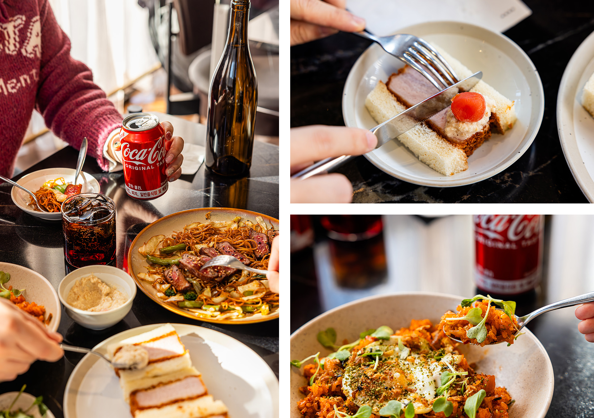 한남동 레드리본 맛집, 다츠의 대표 메뉴들을 코카-콜라와 함께 즐기고 있는 사진