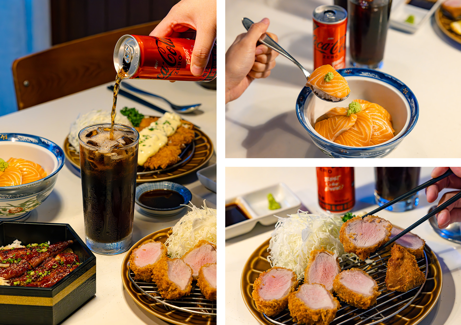 대학로 레드리본 맛집, 호호식당의 대표 메뉴들을 코카-콜라 제로와 함께 즐기고 있는 사진