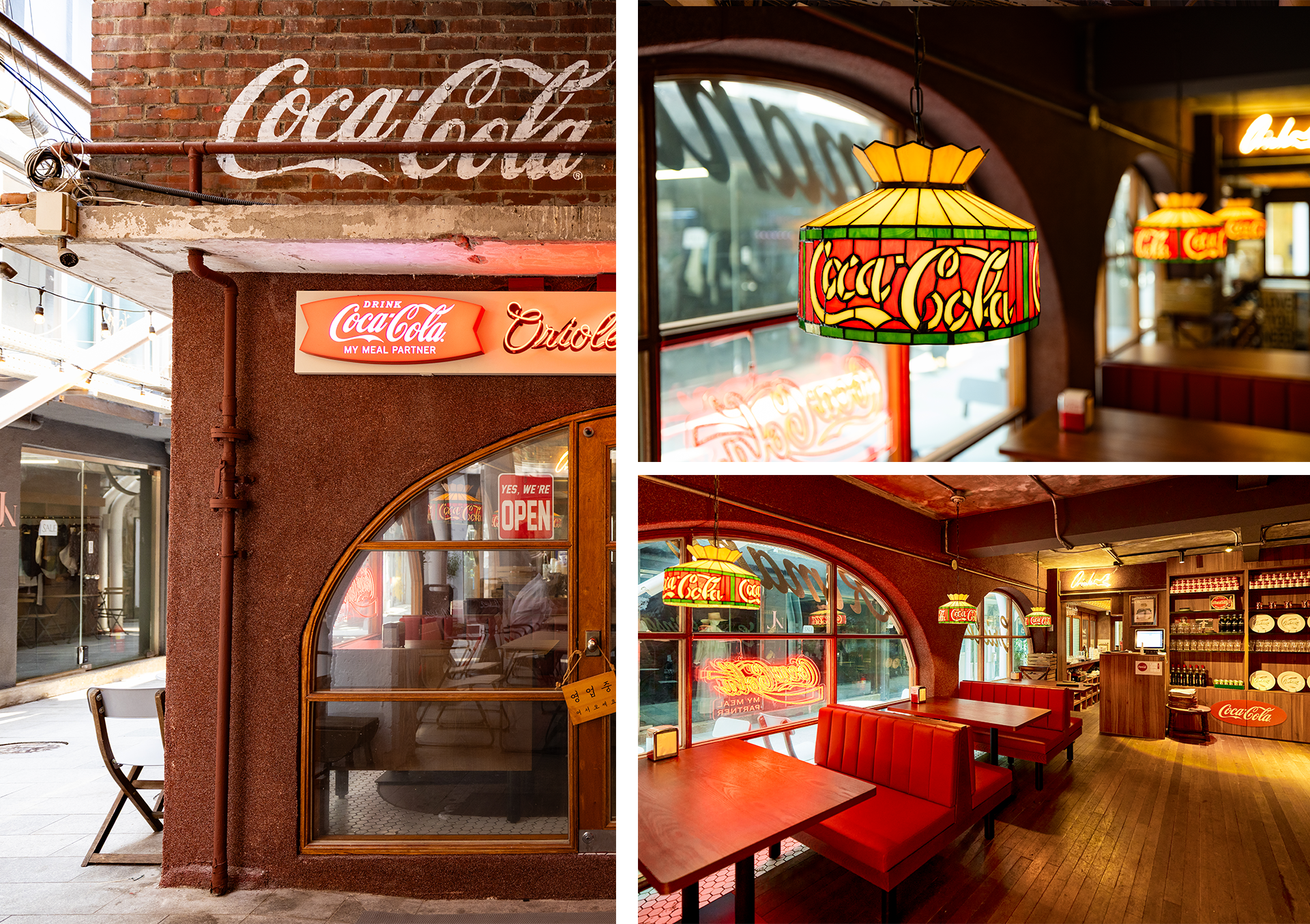 오리올 남산유원지점의 외부 전경과 내부에 배치된 코카-콜라 소품들