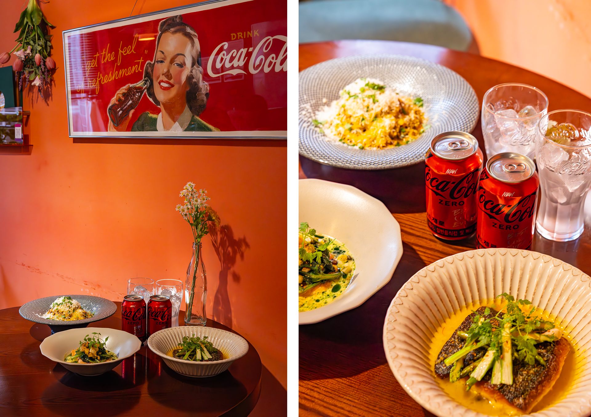 비스트로 조조의 대표 메뉴들과 새로워진 코카-콜라 제로를 즐기는 이미지