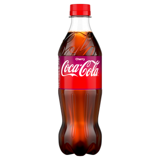 Shishe plastike Coca-Cola Cherry me etiketë të kuqe dhe vjollcë.
