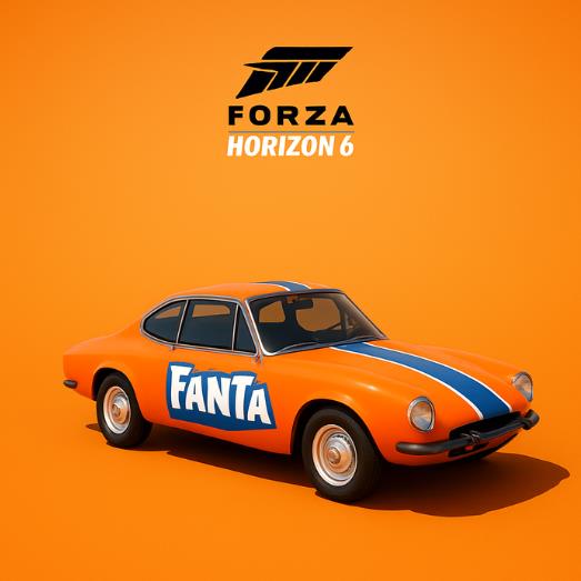 An orange car parked in a beach parking lot with its door open, under a Forza Horizon 6 logo