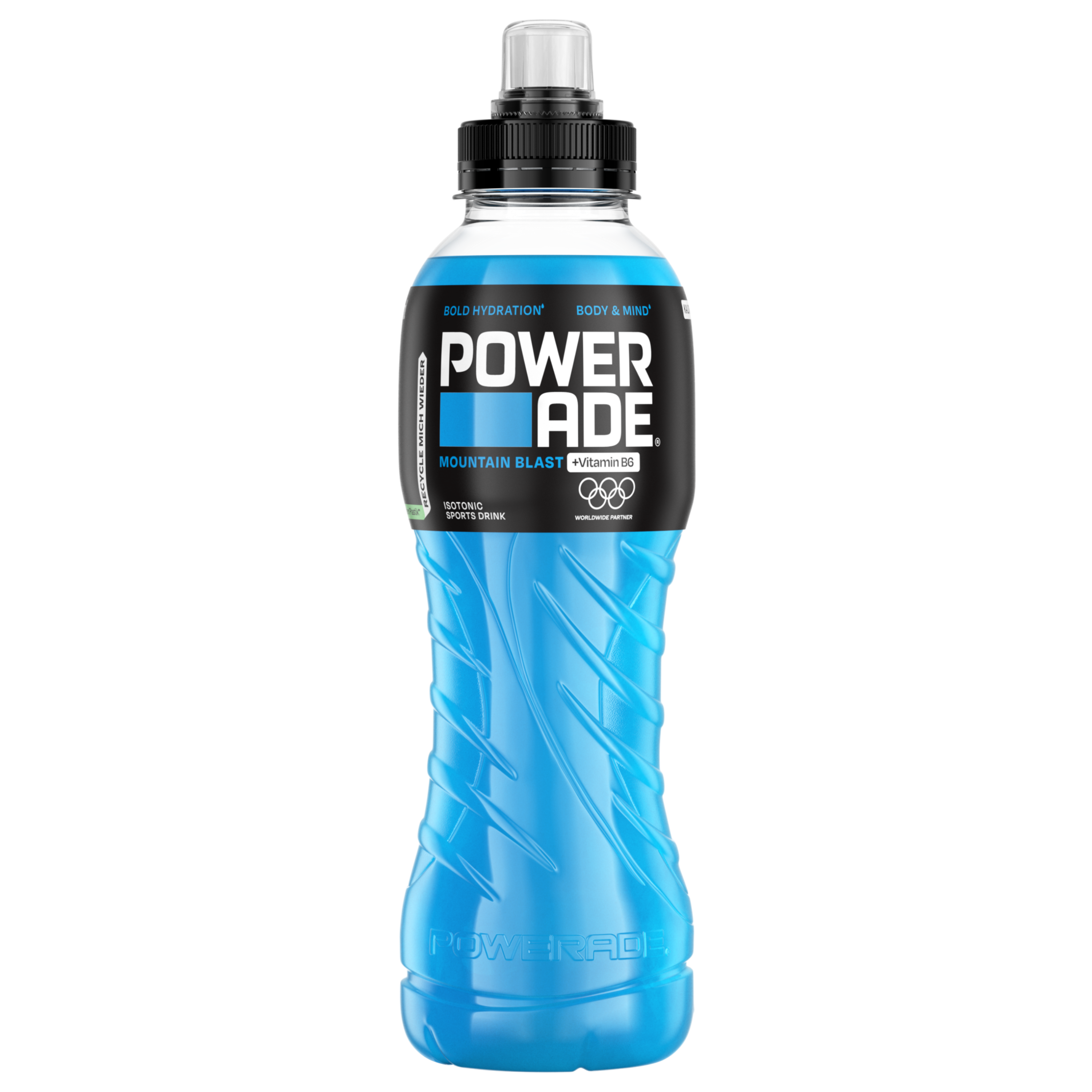 Shishe Powerade Mountain Blast me shije blu me vitaminë B6 në sfond të bardhë.