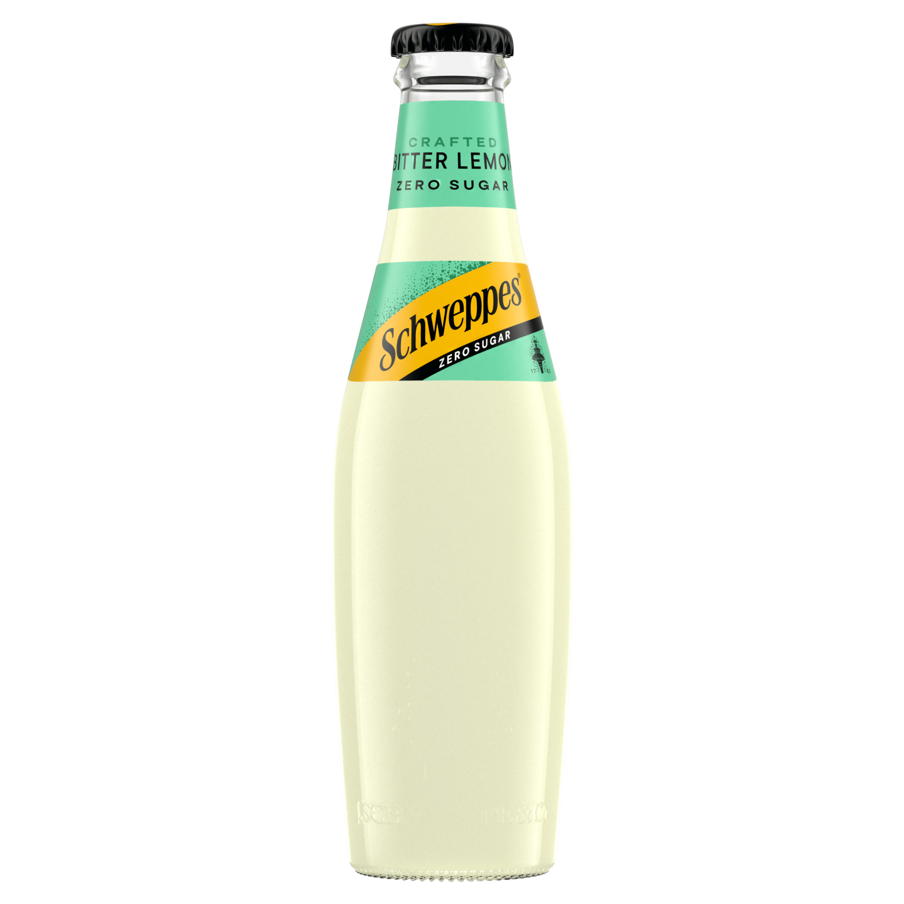 Shishe Schweppes Bitter Lemon Zero Sugar me lëng të verdhë të lehtë.