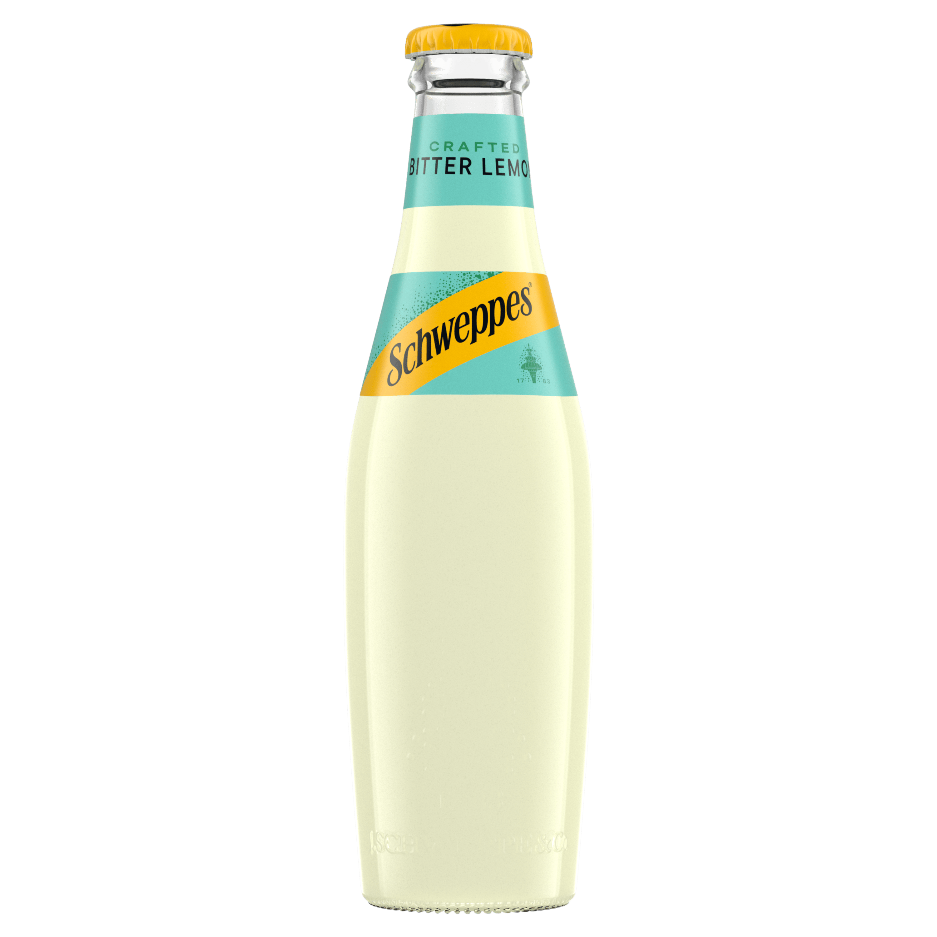 Shishe Schweppes Bitter Lemon me kapak të verdhë dhe lëng të verdhë të lehtë.