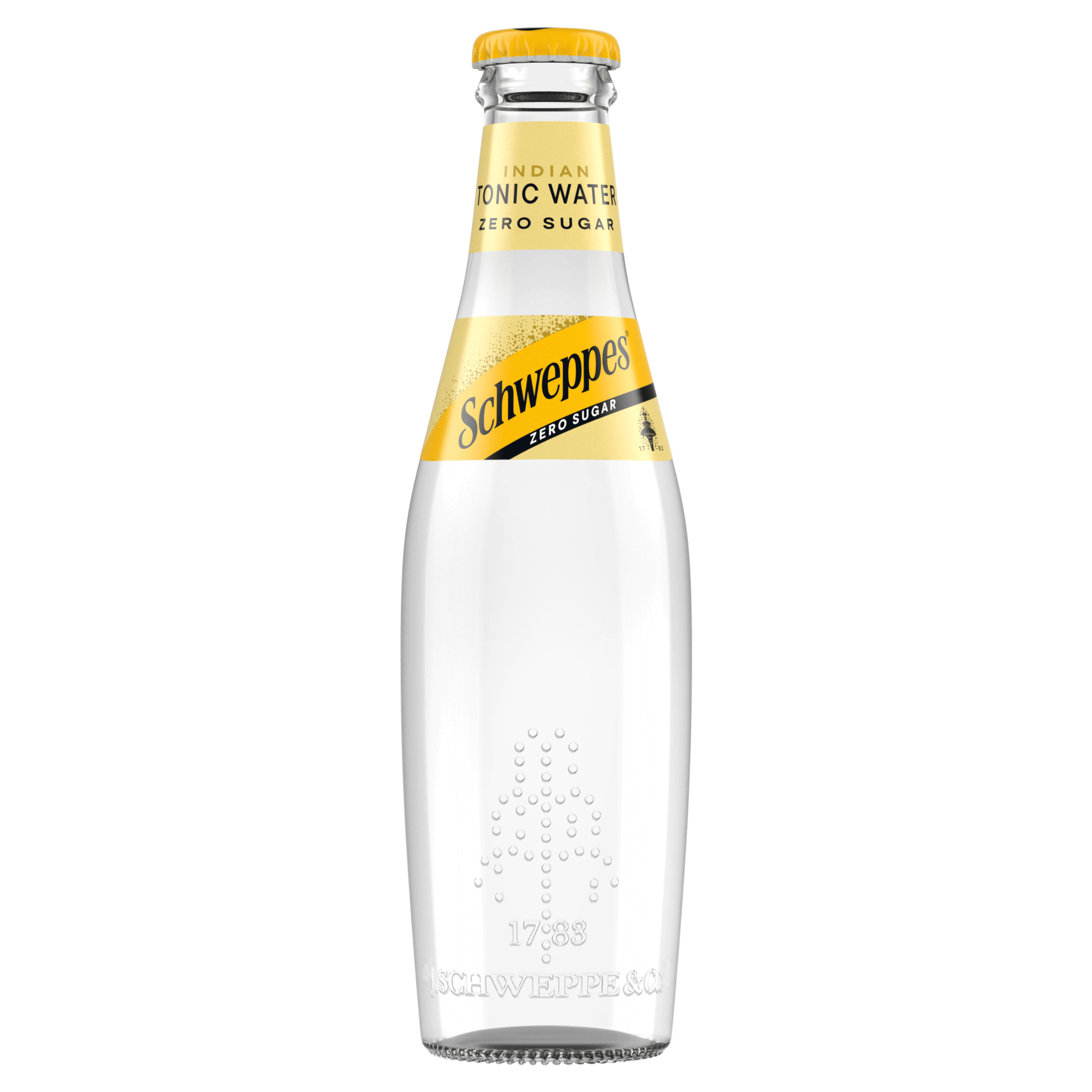 Shishe Schweppes Indian Tonic Water Zero Sugar me kapak të verdhë.