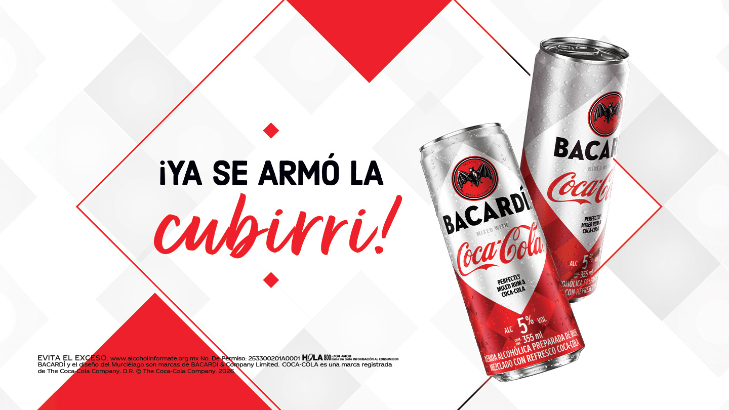 Dos latas de Bacardi Coca-Cola con el texto "¡YA SE ARMÓ LA CUBIRRI!".