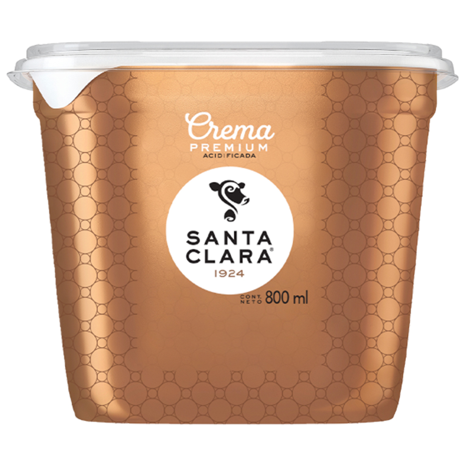 Crema Premium Santa Clara en un envase de color bronce de 800 ml, con marca blanca y el año '1924'.