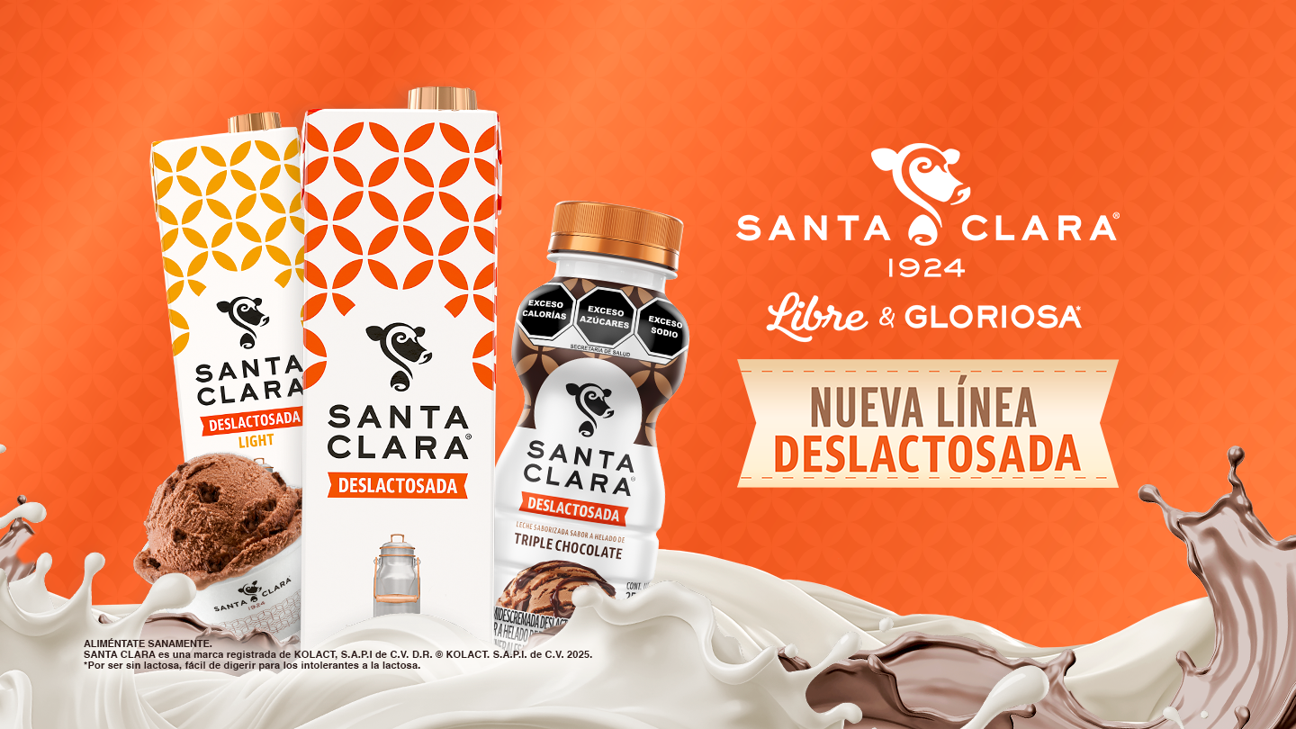 Los productos de la nueva linea deslactosada de leches Santa Clara sobre un fondo anaranjado. A la derecha, el texto: "Santa Clara, libre y gloriosa. Nueva linea deslactosada"
