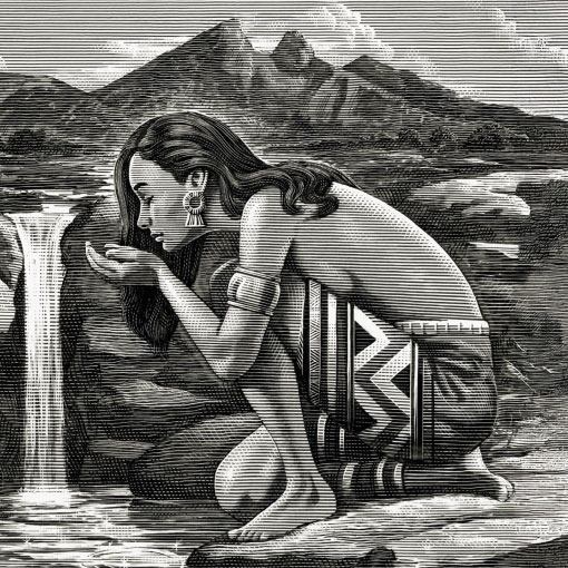 Dibujo de una mujer indígena se inclina hacia una cascada en un estilo de grabado en blanco y negro, con las manos ahuecadas como si fuera a recoger agua.