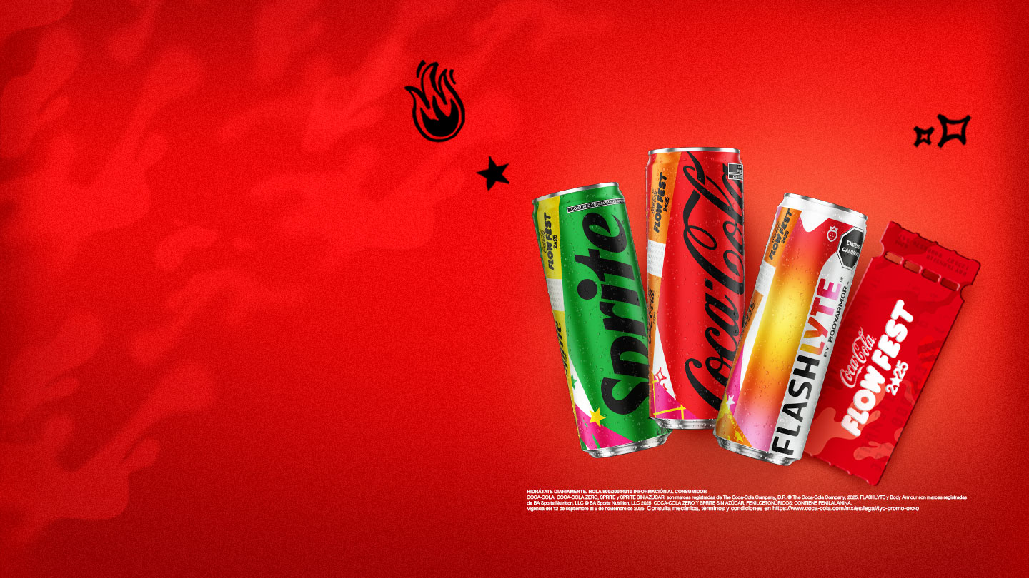 En el lado derecho, se muestran tres latas de bebidas refrescantes: una lata verde de Sprite, una lata roja de Coca-Cola y una lata blanca y naranja de Flashlyte by Bodyarmor. Junto a ellas, se observa un boleto rojo con el logo de Coca-Cola Flow Fest. El fondo rojo está adornado con gráficos en negro, incluyendo una llama y estrellas. En la parte inferior, se lee información legal sobre las marcas Coca-Cola, Sprite y Flashlyte, la vigencia de la promoción y un enlace para consultar términos y condiciones.