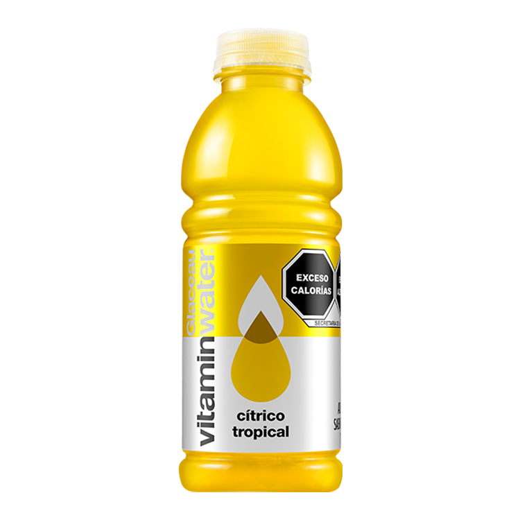 Un envase de plástico de Vitamin Water con el sabor Cítrico Tropical.