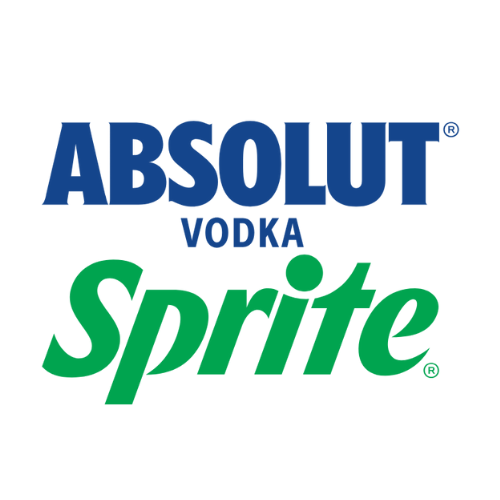 Logo met het woord "Absolut" in blauwe hoofdletters, "Vodka" in kleinere blauwe letters en "Sprite" in groene schuine letters, op witte achtergrond.