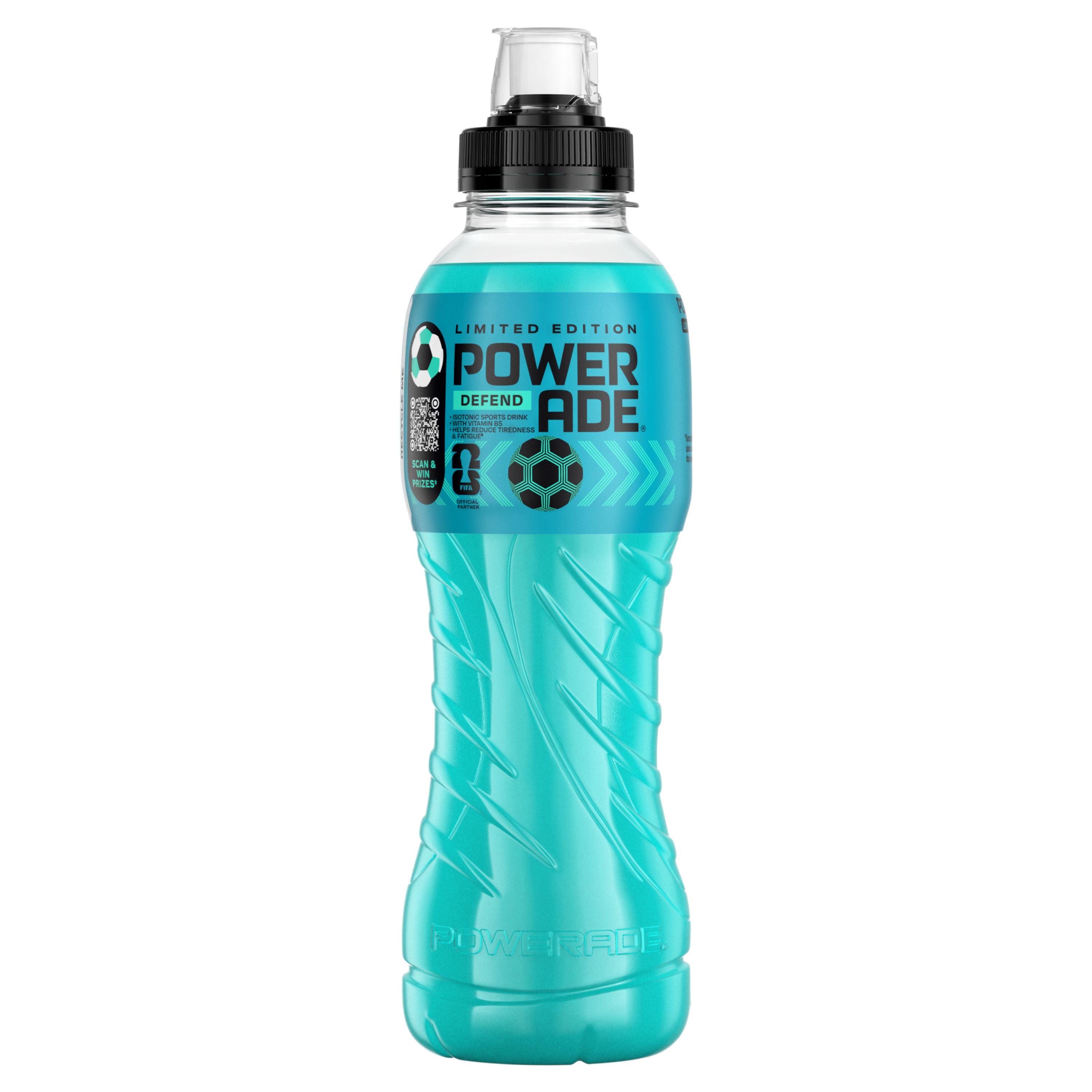 Une bouteille de boisson sportive Powerade bleue avec l’étiquette « Powerade Golden Mango » et un bouchon sport.