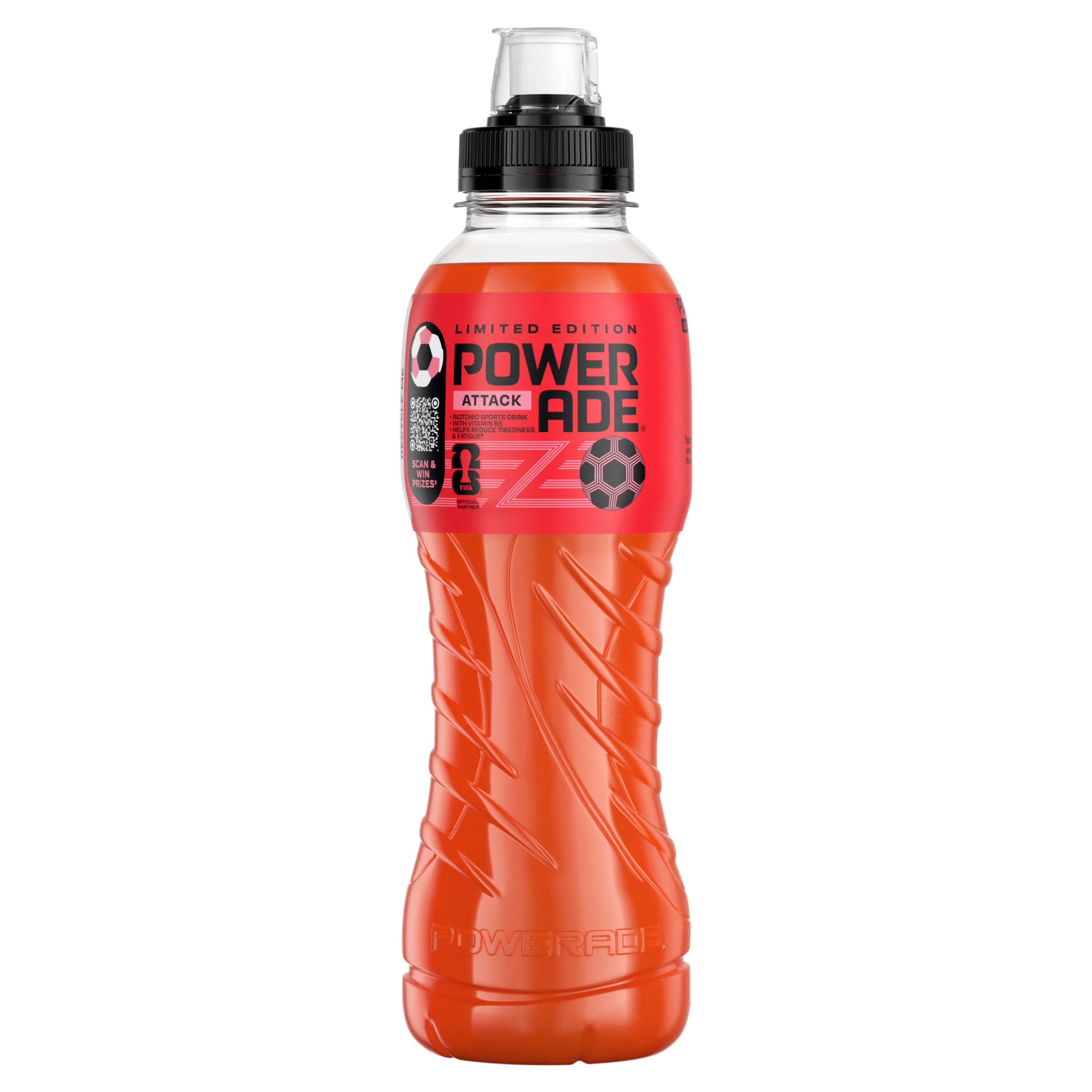 Une bouteille de boisson sportive Powerade rouge avec l’étiquette « Powerade Attack Édition Limitée » et un bouchon sport.