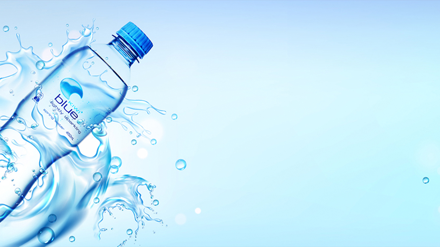 Kiwi Blue plastic bottle on water background