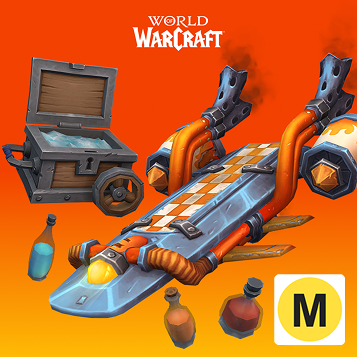 The Fantastical Goblin Waveshredder skateboard attachment, a Dyeable Bottle, and a Sturdy Portable Ice Chest against an orange background and under a World of Warcraft logo.