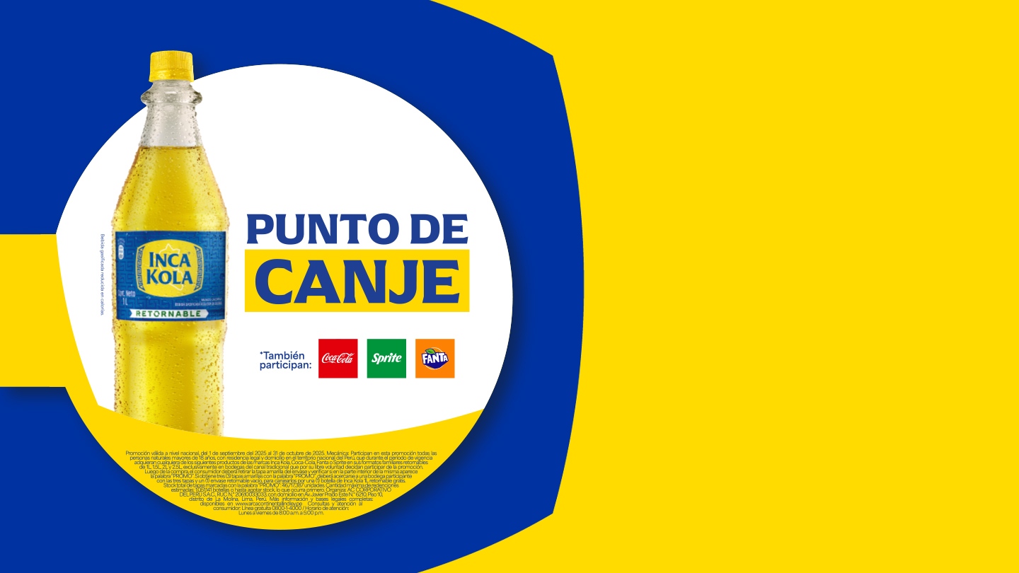 Botella de Inca Kola sobre fondo blanco circular y fondo azul y amarillo