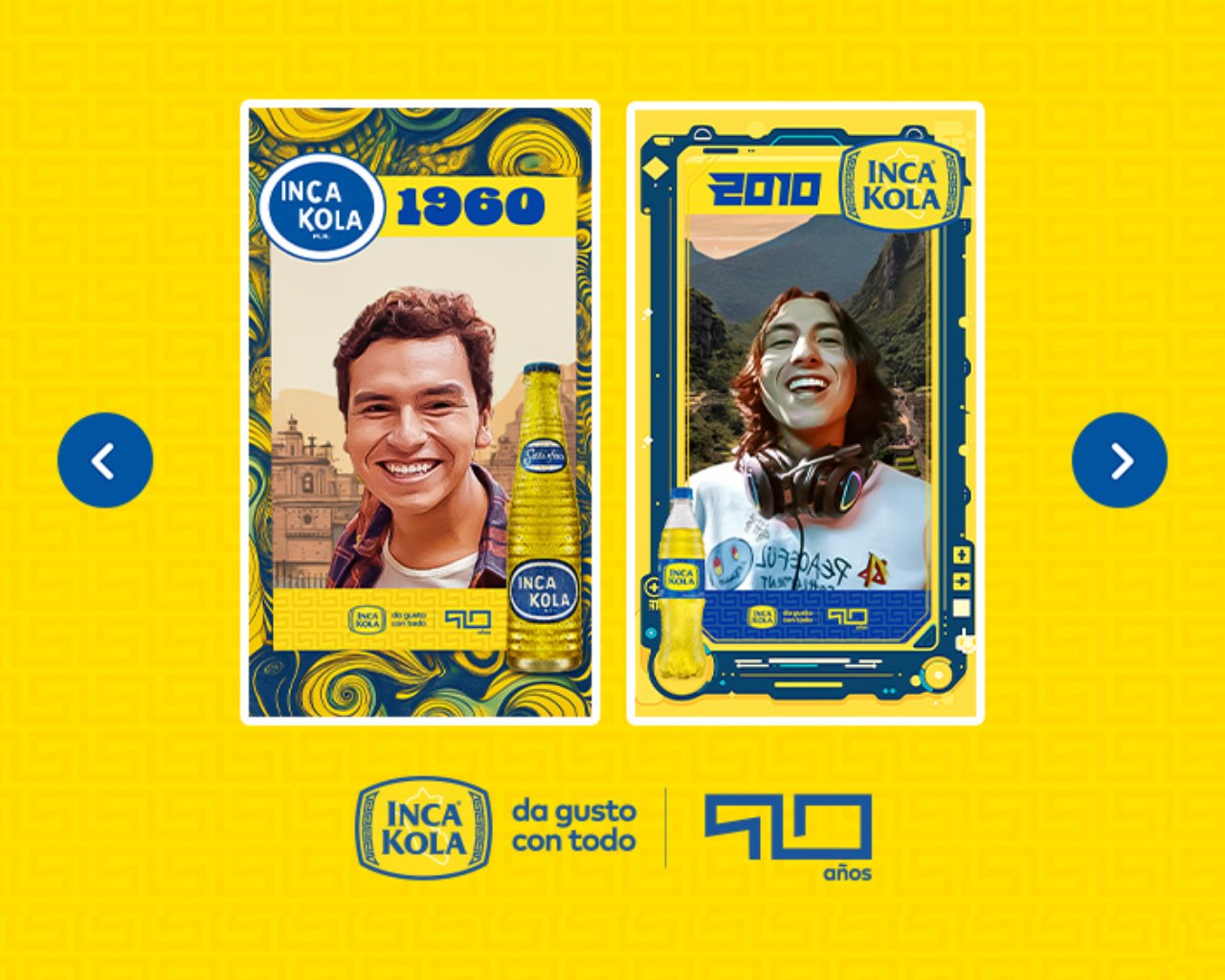 Dos postales de Inca Kola generadas por IA, una de un joven ambientada en 1960 y otra ambientada en 2010 sobre un fondo amarillo con el logo de Inca Kola 90 años