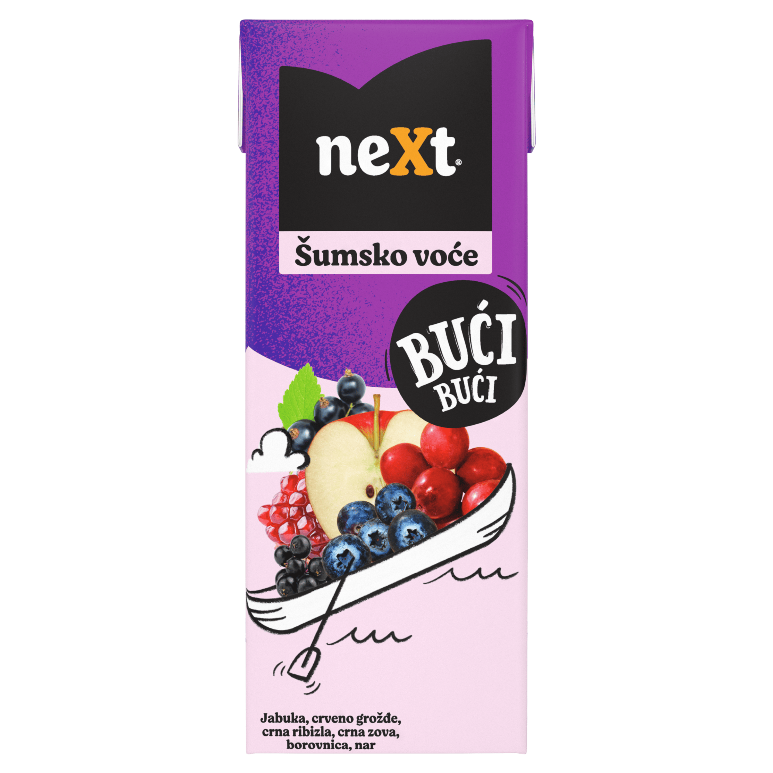 Pakovanje Next soka od šumskog voća sa ilustracijom jabuke, crvene grožđice, borovnice, brusnice i crne ribizle u čamcu, uz natpis „Bući Bući“