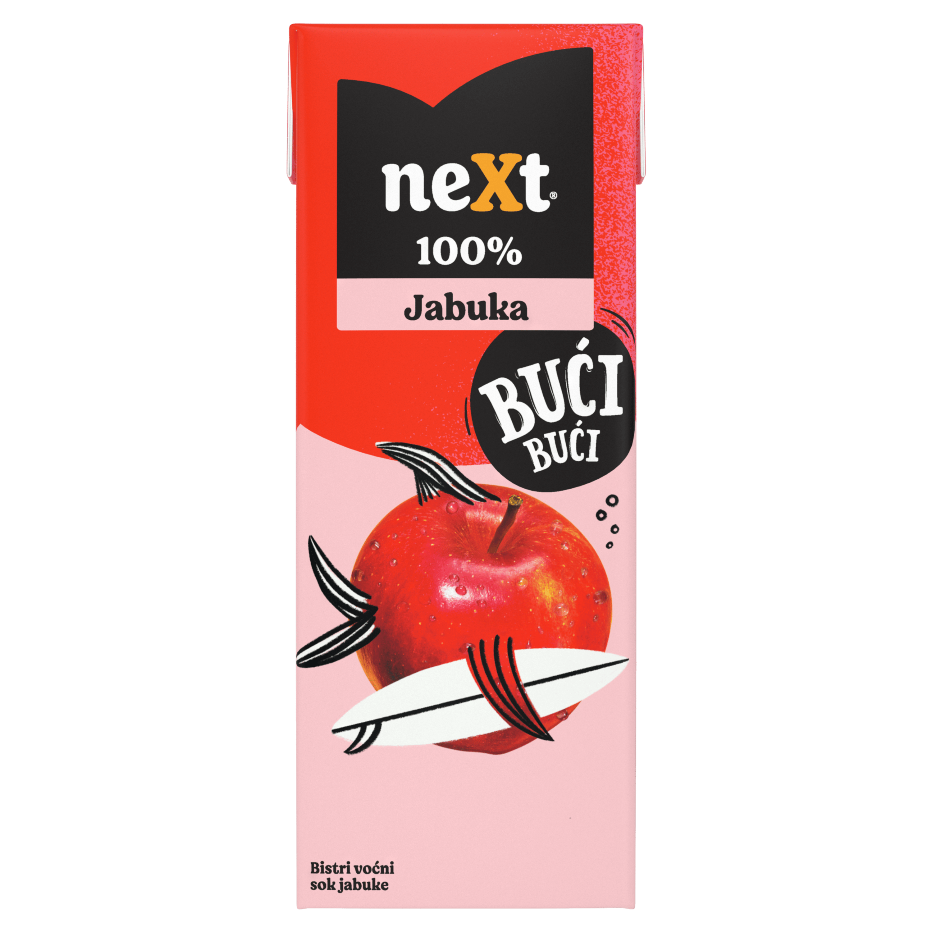Pakovanje Next 100% soka od jabuke sa ilustracijom crvene jabuke i daske za surfovanje, uz natpis „Bući Bući“