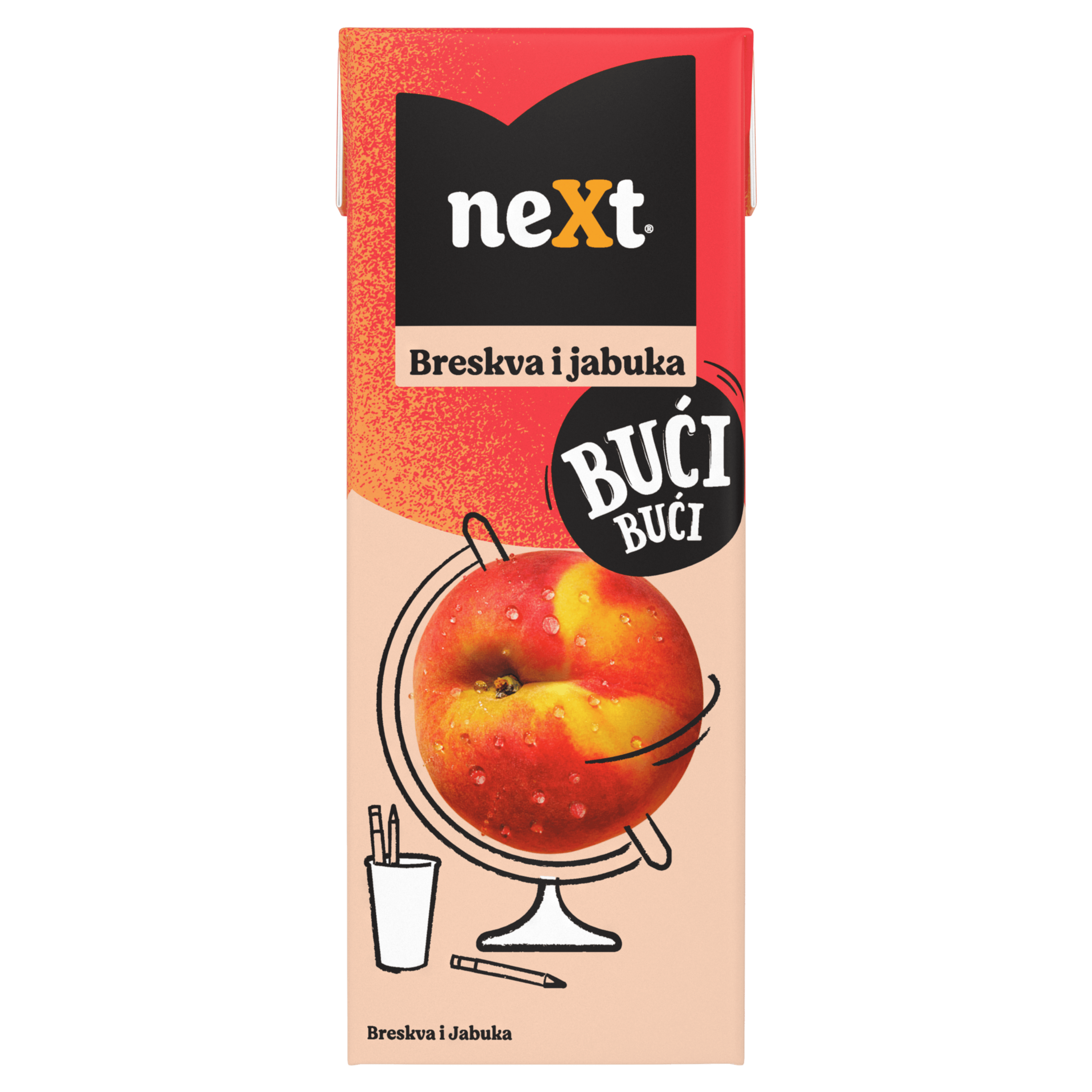 Pakovanje Next soka od Breskve sa ilustracijomBreskve, uz natpis „Bući Bući“