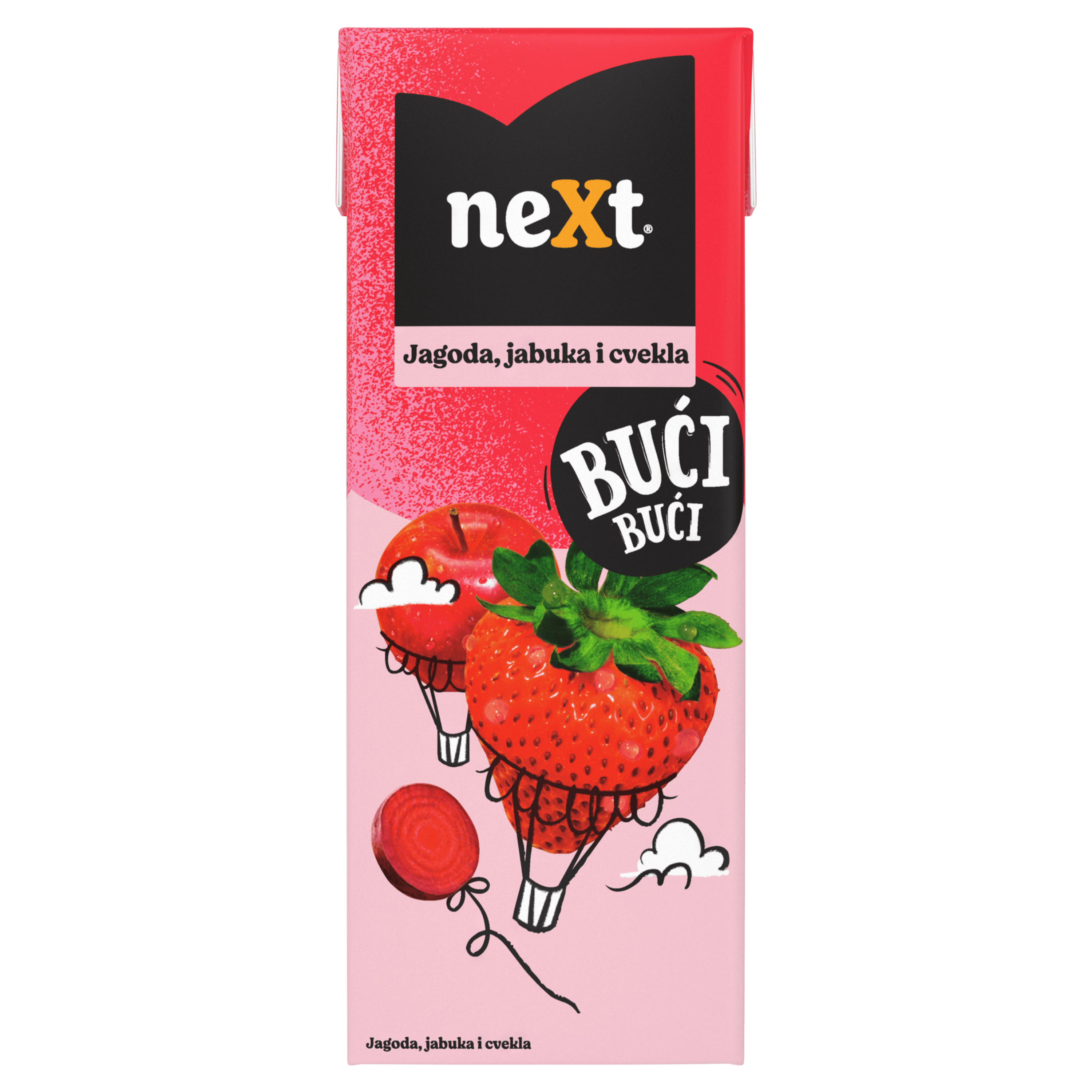 Pakovanje Next soka od Jagode sa ilustracijom Jagode, uz natpis „Bući Bući“.