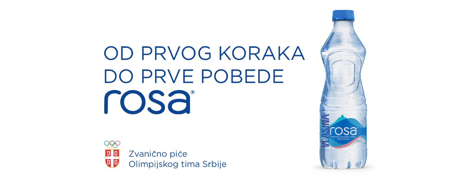 Flaša Rosa vode sa tekstom „Od prvog koraka do prve pobede“ i oznakom da je zvanično piće Olimpijskog tima Srbije