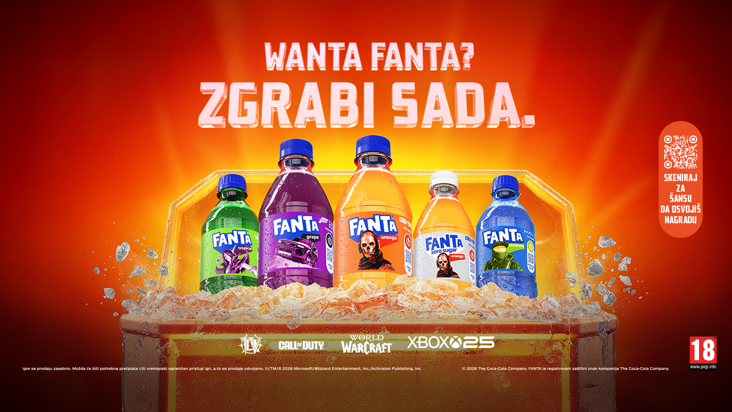 Reklamna slika sa više Fanta flaša u različitim ukusima na jarko narandžastoj pozadini, sa porukom „Wanta Fanta? Zgrabi sada.“