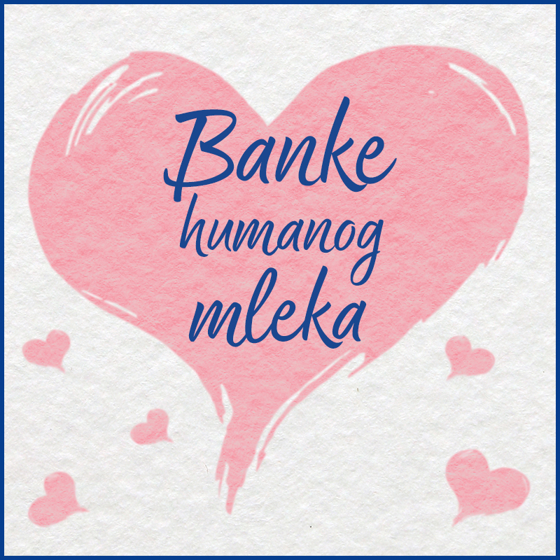 Veliko ružičasto srce sa natpisom „Banke humanog mleka“ i nekoliko manjih srca oko njega na svetloj pozadini.